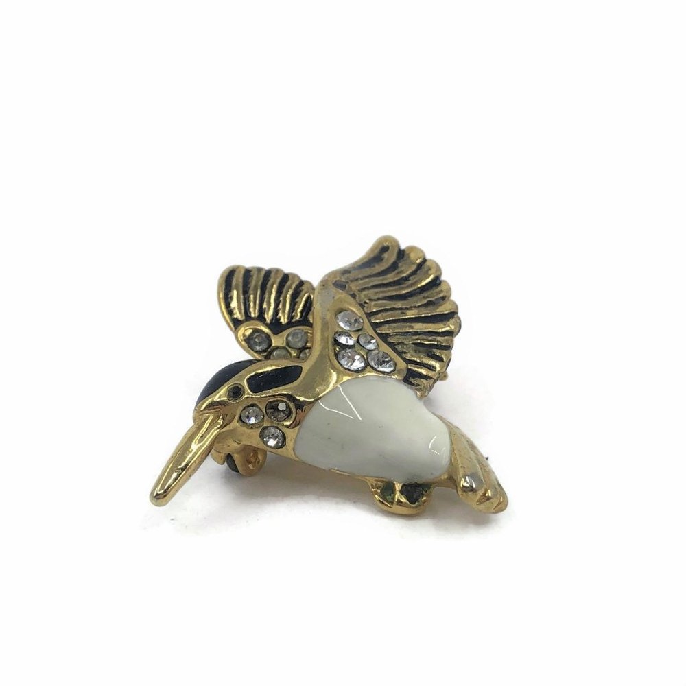 Vintage Hummingbird Brooch Gold Tone Black Enamel